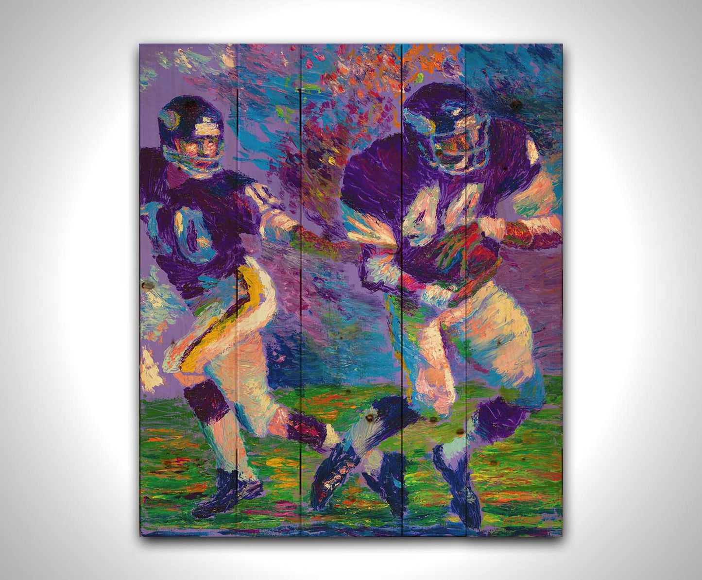 A painting of famed football players Chuck Foreman and Fran Tarkenton running across the field with the ball. Printed on a wood pallet.