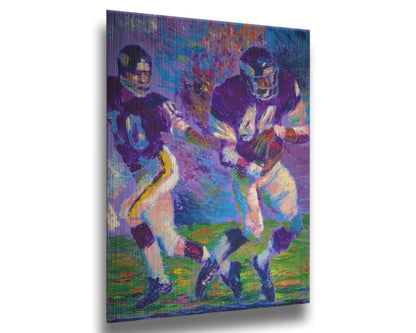 A painting of famed football players Chuck Foreman and Fran Tarkenton running across the field with the ball. Printed on metal.