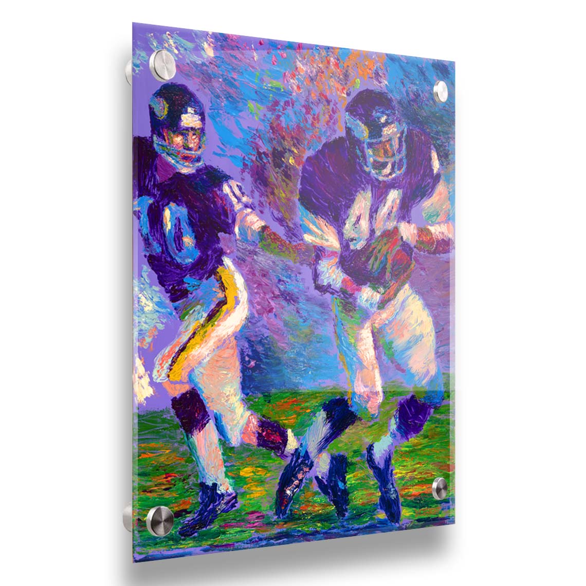 A painting of famed football players Chuck Foreman and Fran Tarkenton running across the field with the ball. Printed on acrylic.