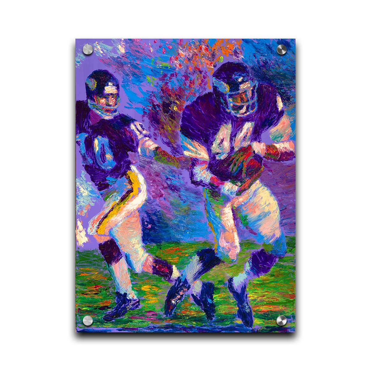 A painting of famed football players Chuck Foreman and Fran Tarkenton running across the field with the ball. Printed on acrylic.