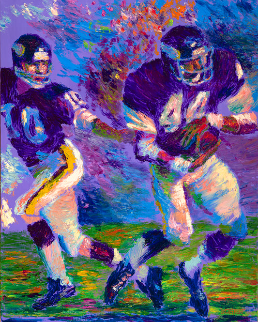 A pet portrait painting of a fluffy pomeranian dog, standing against a blue background. 