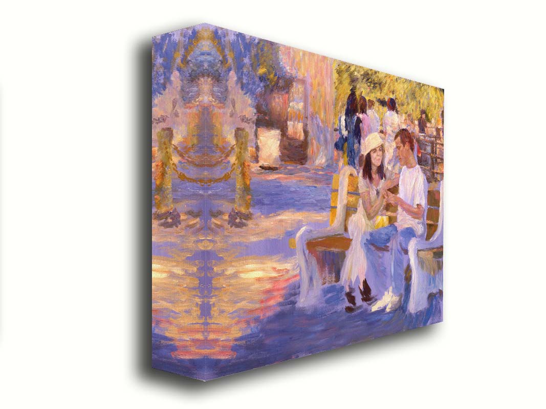 A painting of two people sitting on a bench at the zoo. Printed on canvas.