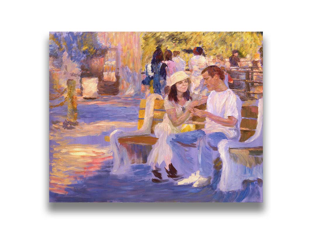 A painting of two people sitting on a bench at the zoo. Printed on canvas.