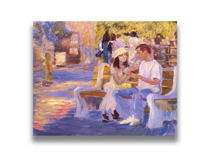 A painting of two people sitting on a bench at the zoo. Printed on canvas.