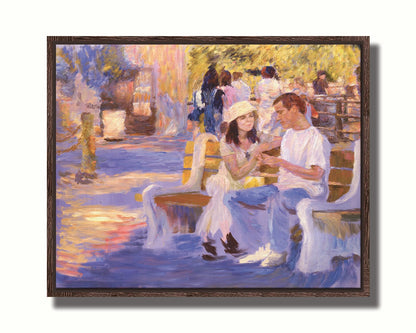A painting of two people sitting on a bench at the zoo. Printed on canvas in a float frame.