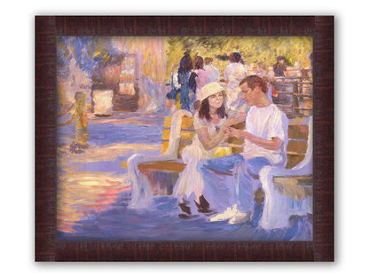 A painting of two people sitting on a bench at the zoo. Printed on canvas and framed.