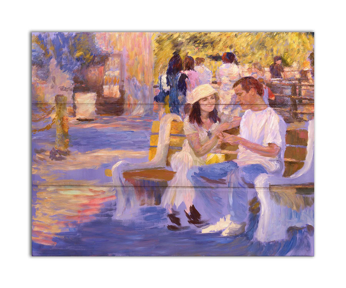 A painting of two people sitting on a bench at the zoo. Printed on a box board.