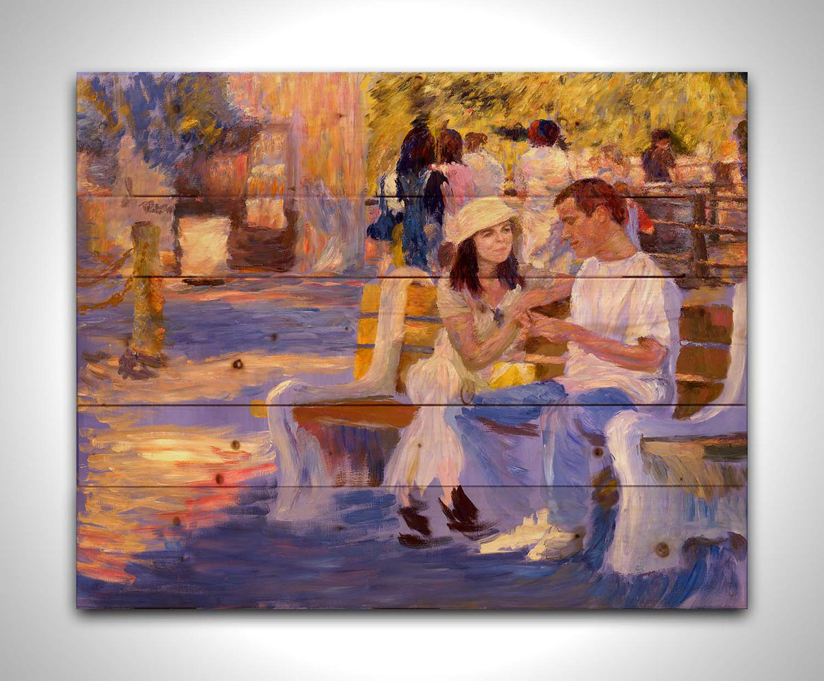 A painting of two people sitting on a bench at the zoo. Printed on a wood pallet.