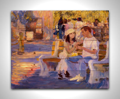 A painting of two people sitting on a bench at the zoo. Printed on a wood pallet.
