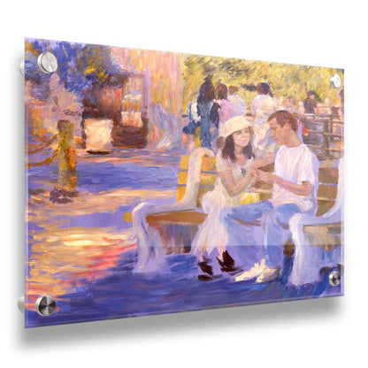 A painting of two people sitting on a bench at the zoo. Printed on acrylic.