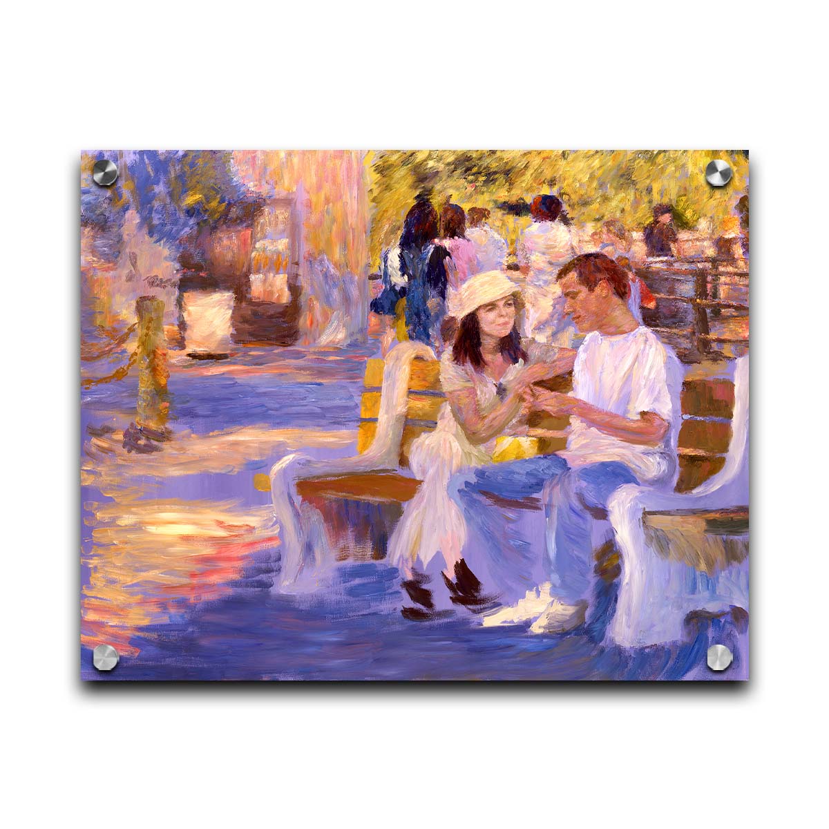 A painting of two people sitting on a bench at the zoo. Printed on acrylic.