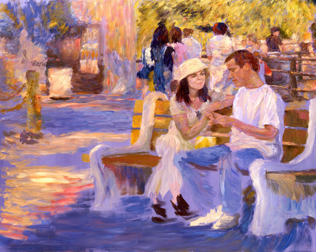 A painting of two people sitting on a bench at the zoo.