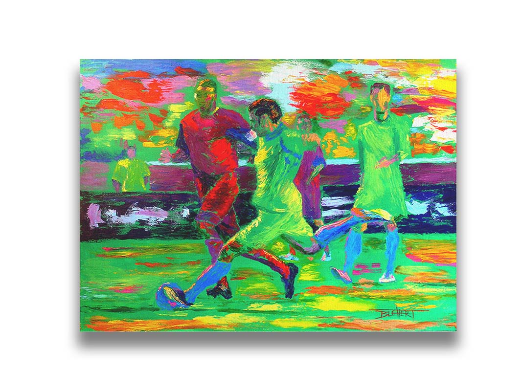 A painting of soccer players running down the field, about to kick the ball to try and score a goal. Printed on canvas.