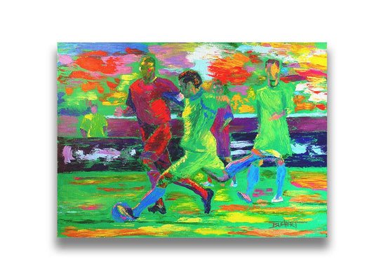 A painting of soccer players running down the field, about to kick the ball to try and score a goal. Printed on canvas.