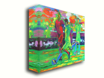 A painting of soccer players running down the field, about to kick the ball to try and score a goal. Printed on canvas.