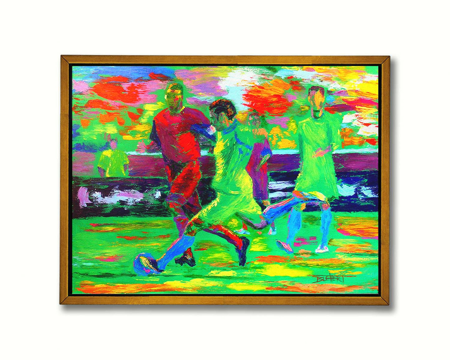 A painting of soccer players running down the field, about to kick the ball to try and score a goal. Printed on canvas in a float frame.