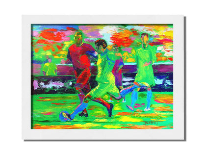 A painting of soccer players running down the field, about to kick the ball to try and score a goal. Printed on canvas and framed.