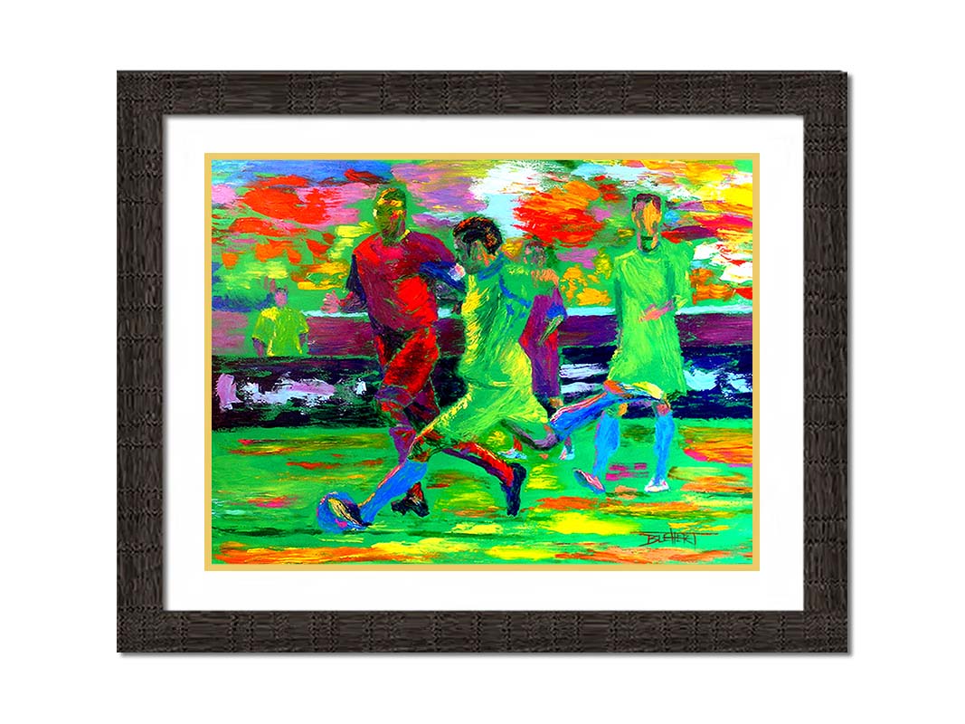 A painting of soccer players running down the field, about to kick the ball to try and score a goal. Printed on paper, matted, and framed.