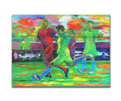 A painting of soccer players running down the field, about to kick the ball to try and score a goal. Printed on a box board.