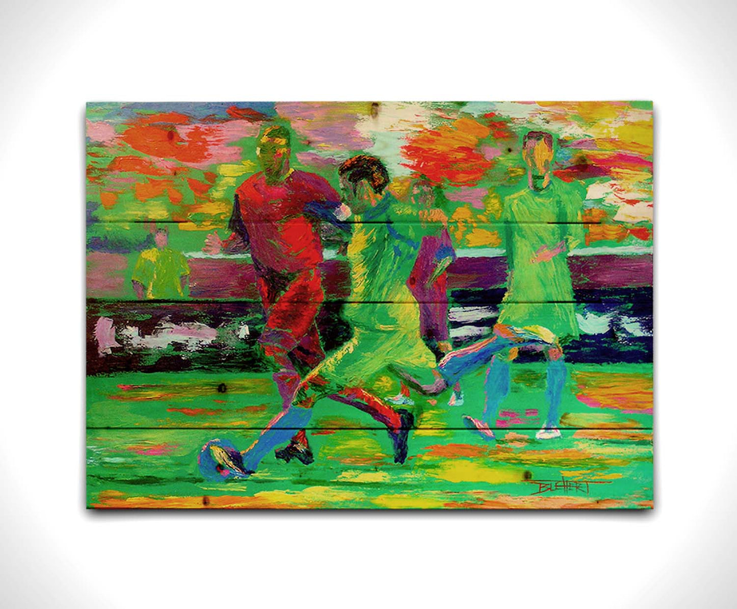 A painting of soccer players running down the field, about to kick the ball to try and score a goal. Printed on a wood pallet.