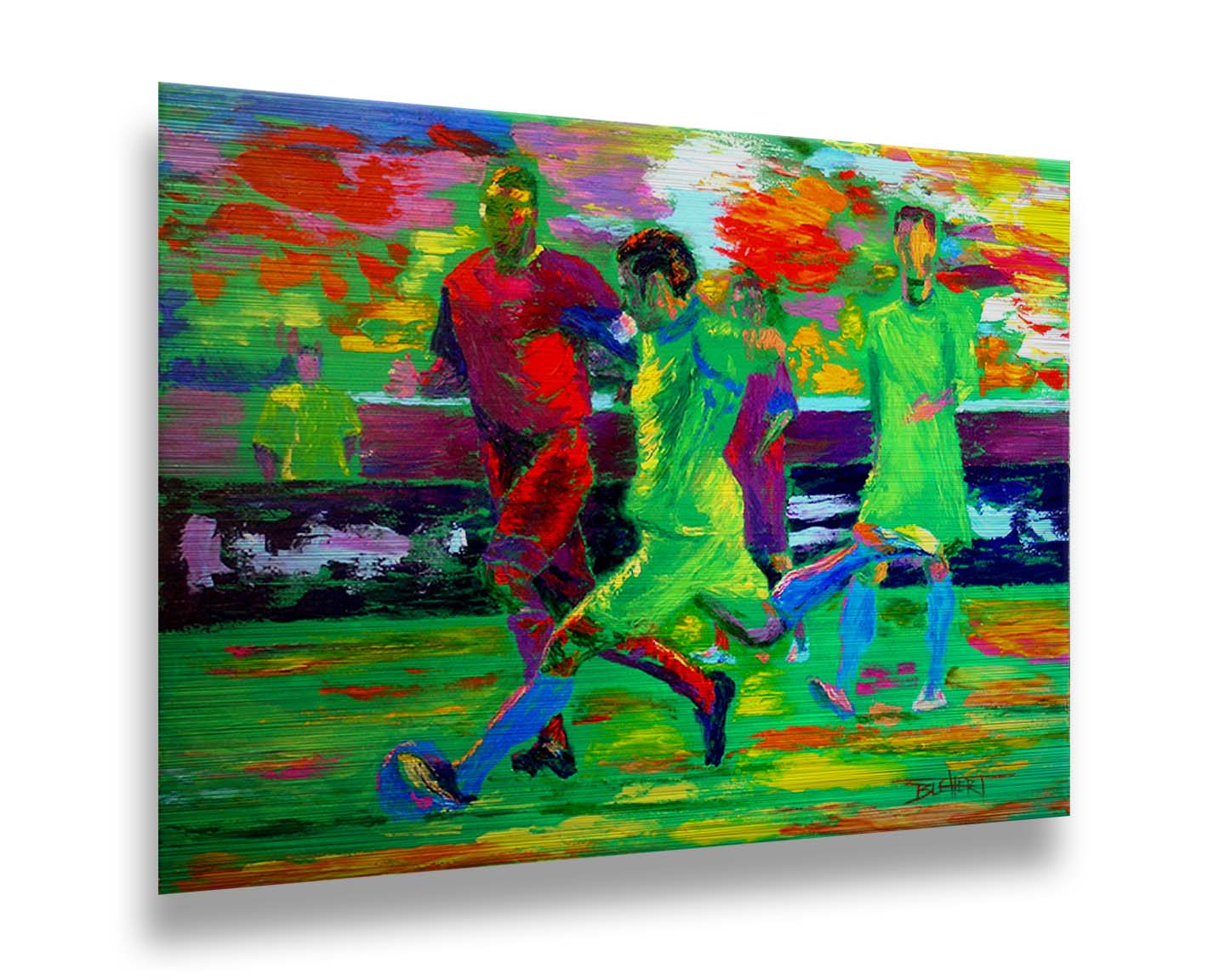 A painting of soccer players running down the field, about to kick the ball to try and score a goal. Printed on metal.