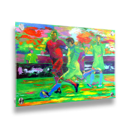 A painting of soccer players running down the field, about to kick the ball to try and score a goal. Printed on acrylic.