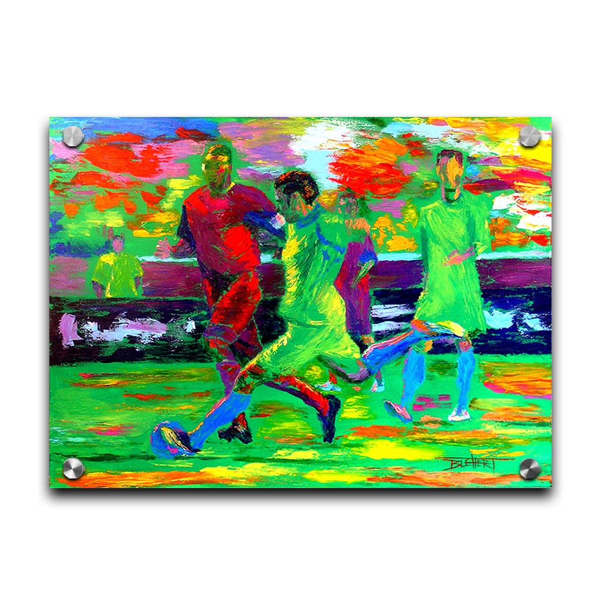 A painting of soccer players running down the field, about to kick the ball to try and score a goal. Printed on acrylic.