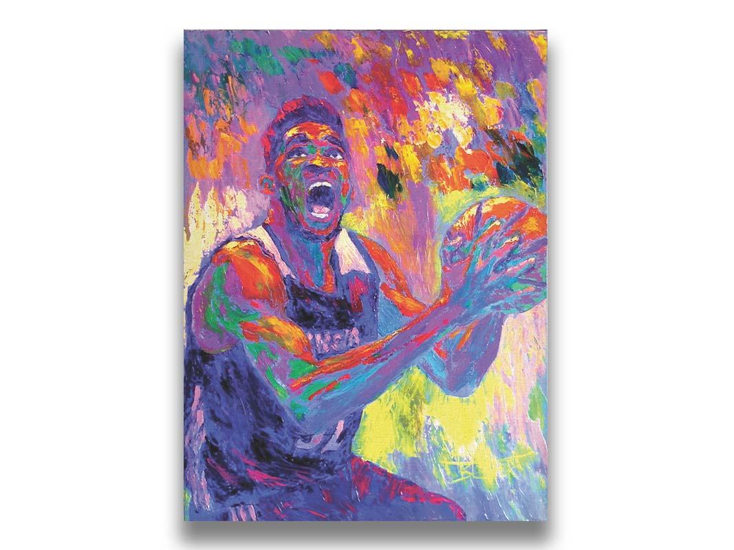 A paitning of Minnesota Timberwolves basketball player Karl Anthony Towns, holding the ball about to make a shot. Printed on canvas.