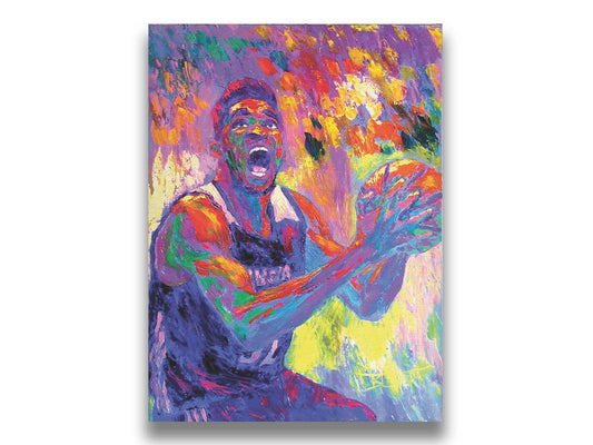 A paitning of Minnesota Timberwolves basketball player Karl Anthony Towns, holding the ball about to make a shot. Printed on canvas.