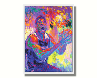 A paitning of Minnesota Timberwolves basketball player Karl Anthony Towns, holding the ball about to make a shot. Printed on canvas in a float frame.