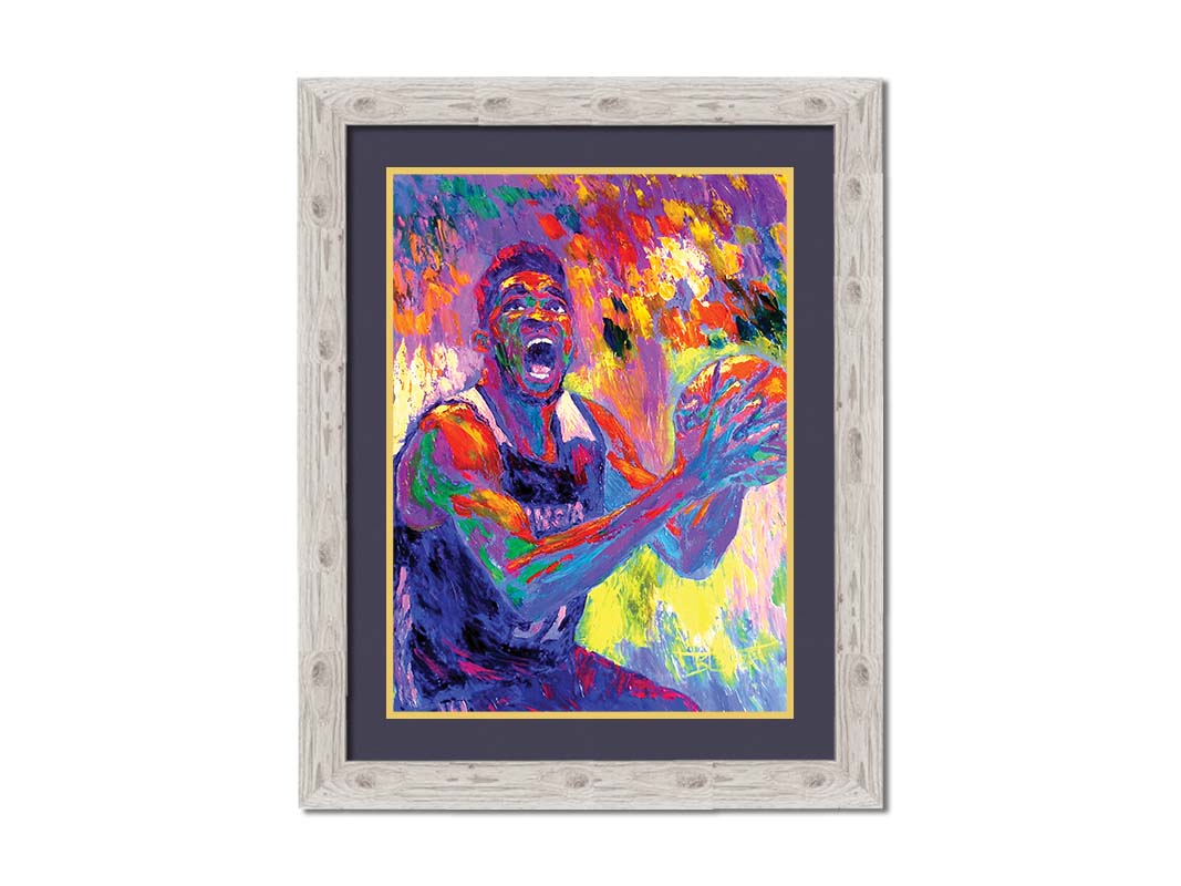 A paitning of Minnesota Timberwolves basketball player Karl Anthony Towns, holding the ball about to make a shot. Printed on paper, matted, and framed.