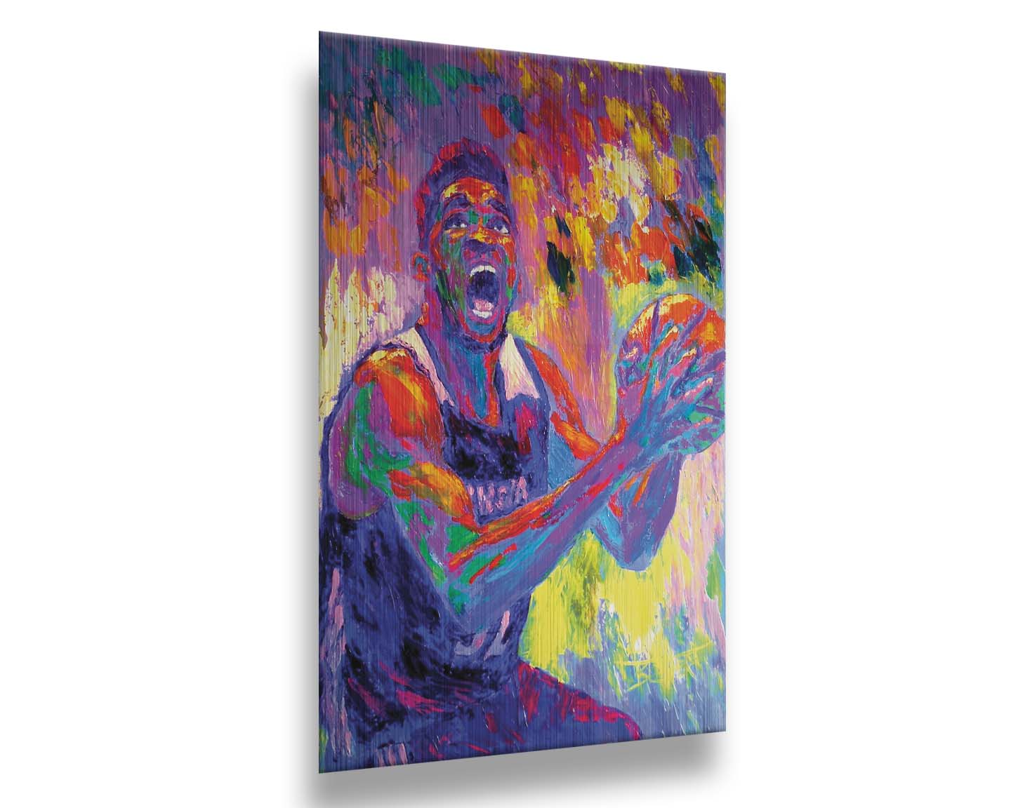 A paitning of Minnesota Timberwolves basketball player Karl Anthony Towns, holding the ball about to make a shot. Printed on metal.