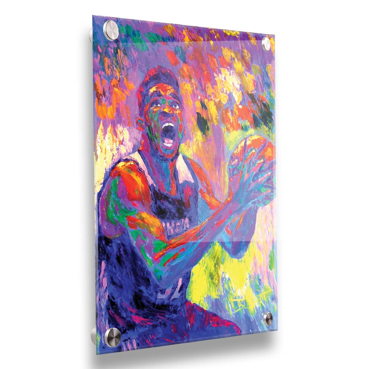 A paitning of Minnesota Timberwolves basketball player Karl Anthony Towns, holding the ball about to make a shot. Printed on acrylic.