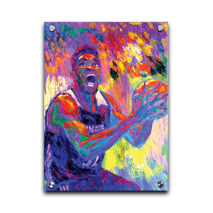 A paitning of Minnesota Timberwolves basketball player Karl Anthony Towns, holding the ball about to make a shot. Printed on acrylic.