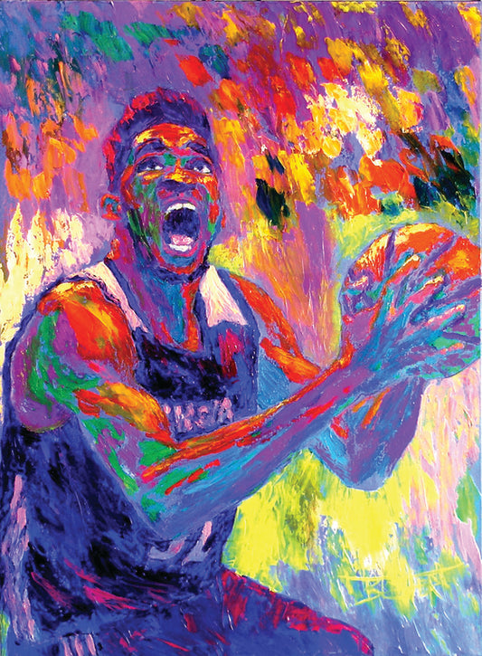 A painting of Minnesota Timberwolves basketball player Karl Anthony Towns, holding the ball about to make a shot. 