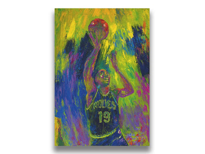 A painting of Minnesota Timberwolves basketball player Tony Campbell throwing the ball, trying to make a basket. Printed on canvas.