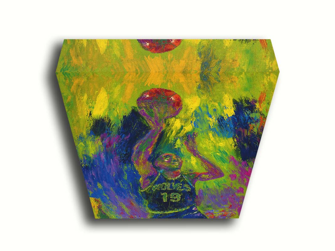 A painting of Minnesota Timberwolves basketball player Tony Campbell throwing the ball, trying to make a basket. Printed on canvas.