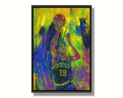 A painting of Minnesota Timberwolves basketball player Tony Campbell throwing the ball, trying to make a basket. Printed on canvas in a float frame.