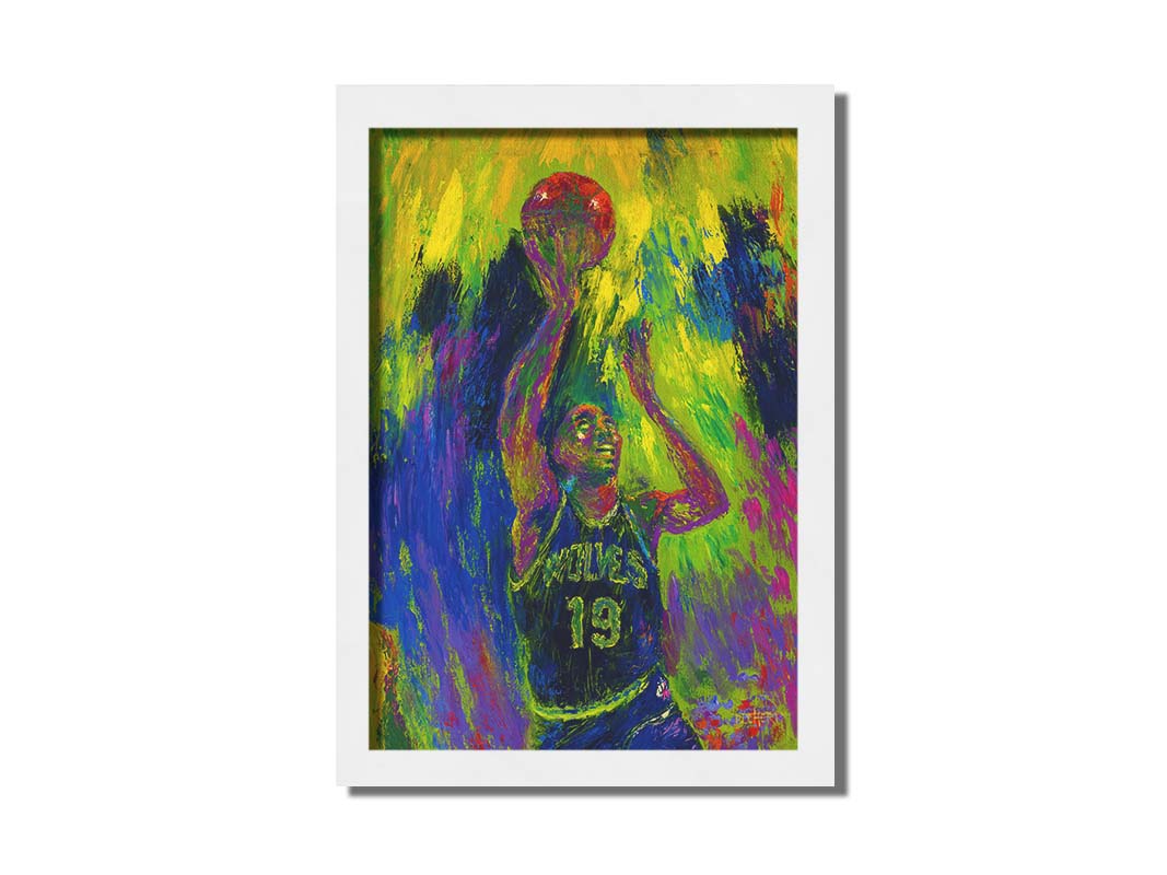 A painting of Minnesota Timberwolves basketball player Tony Campbell throwing the ball, trying to make a basket. Printed on canvas and framed.