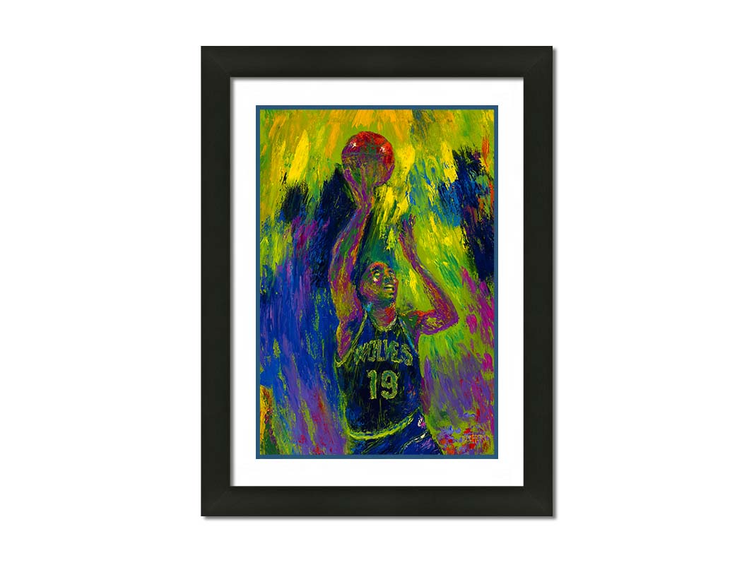 A painting of Minnesota Timberwolves basketball player Tony Campbell throwing the ball, trying to make a basket. Printed on paper, matted, and framed.