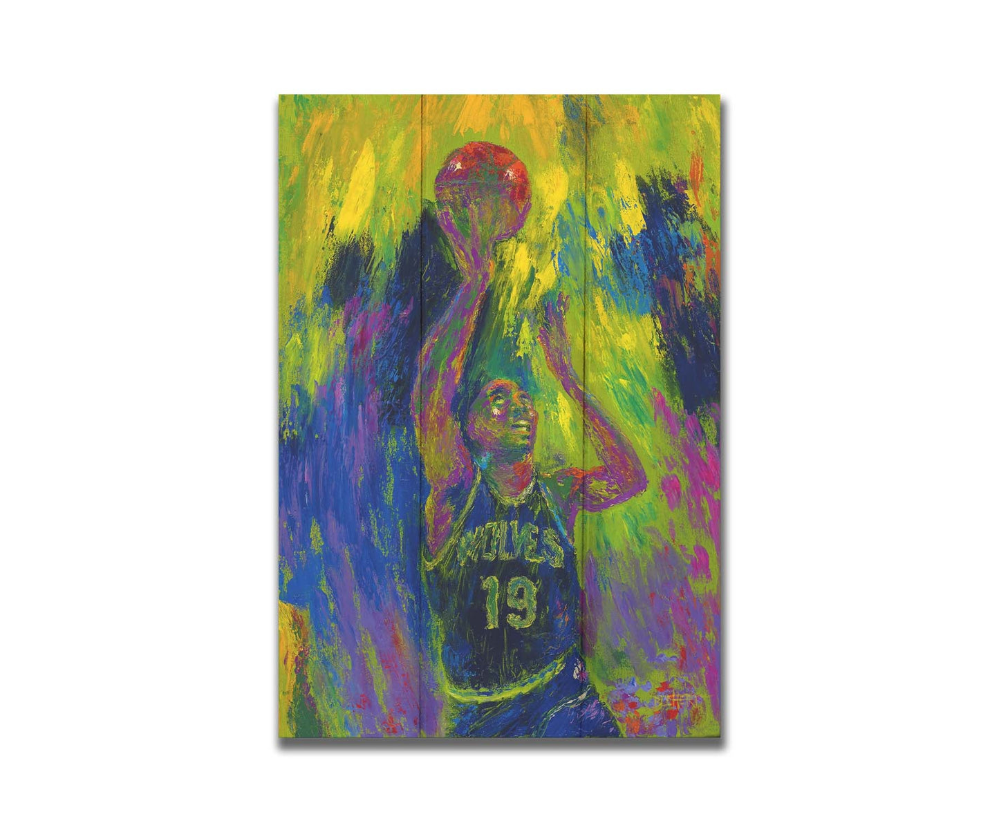 A painting of Minnesota Timberwolves basketball player Tony Campbell throwing the ball, trying to make a basket. Printed on a box board.