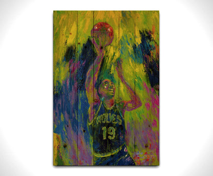 A painting of Minnesota Timberwolves basketball player Tony Campbell throwing the ball, trying to make a basket. Printed on a wood pallet.