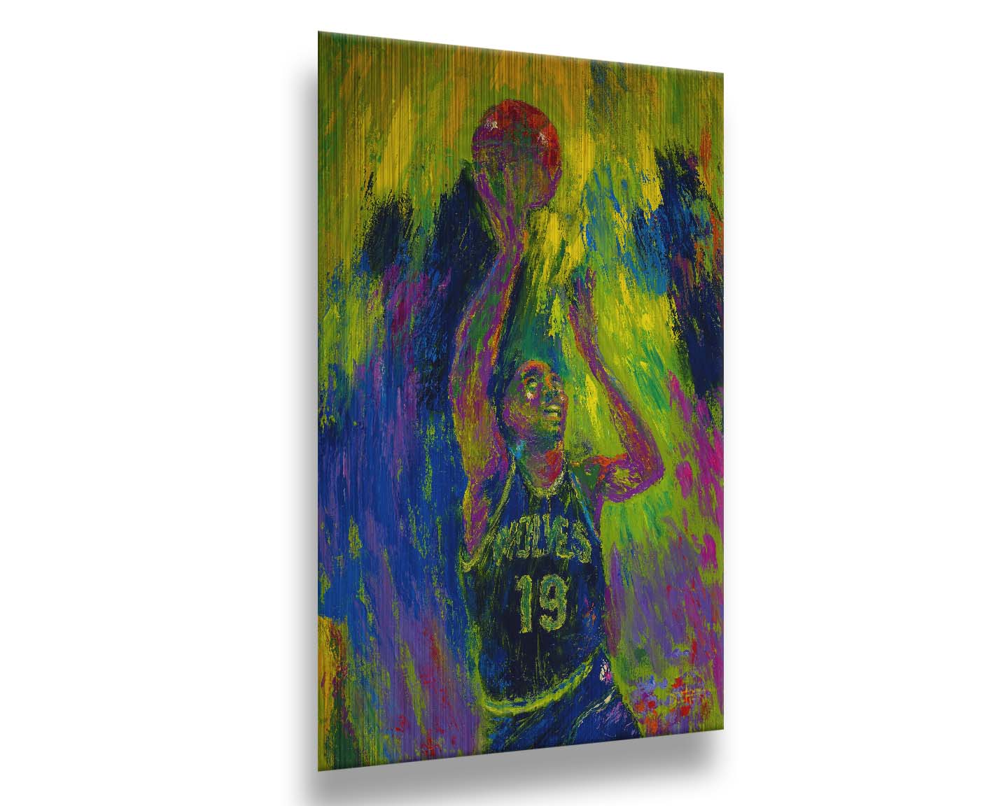 A painting of Minnesota Timberwolves basketball player Tony Campbell throwing the ball, trying to make a basket. Printed on metal.