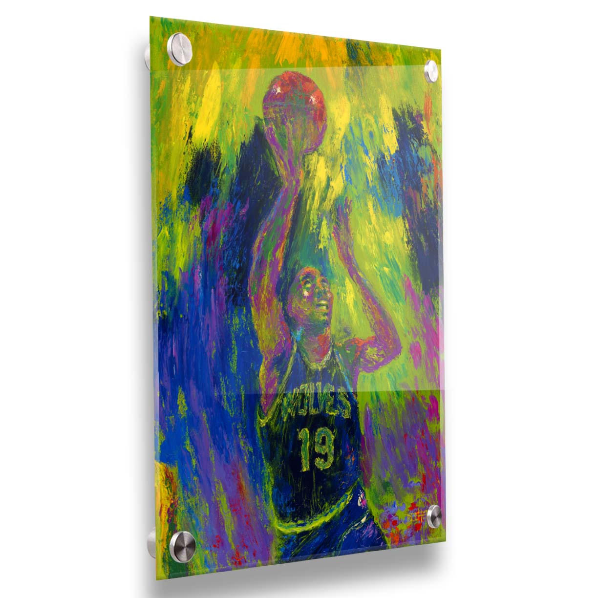 A painting of Minnesota Timberwolves basketball player Tony Campbell throwing the ball, trying to make a basket. Printed on acrylic.