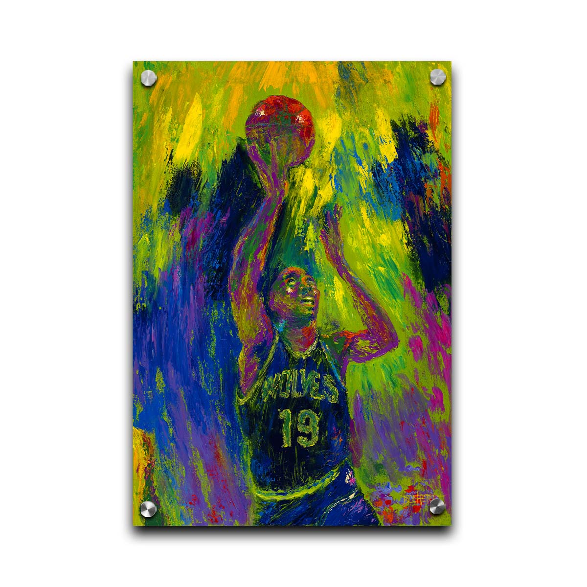 A painting of Minnesota Timberwolves basketball player Tony Campbell throwing the ball, trying to make a basket. Printed on acrylic.