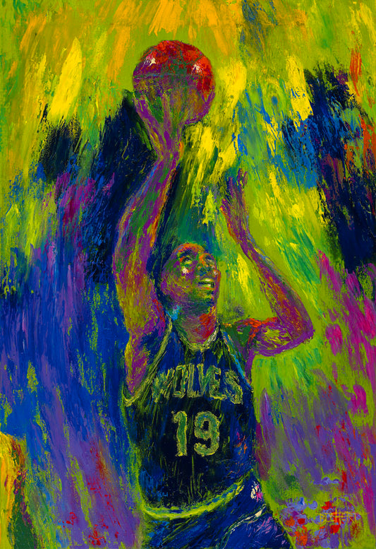 A painting of Minnesota Timberwolves basketball player Tony Campbell throwing the ball, trying to make a basket.