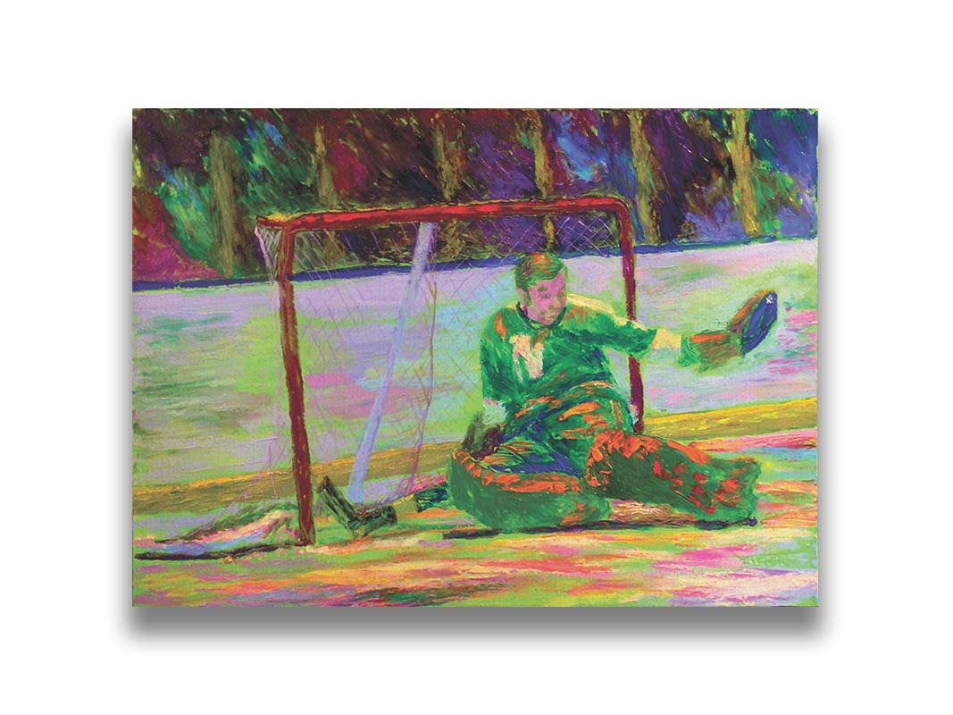 A painting of hockey player Gump Worsley of the Minnesota North Stars, protecting the goal. Printed on canvas.