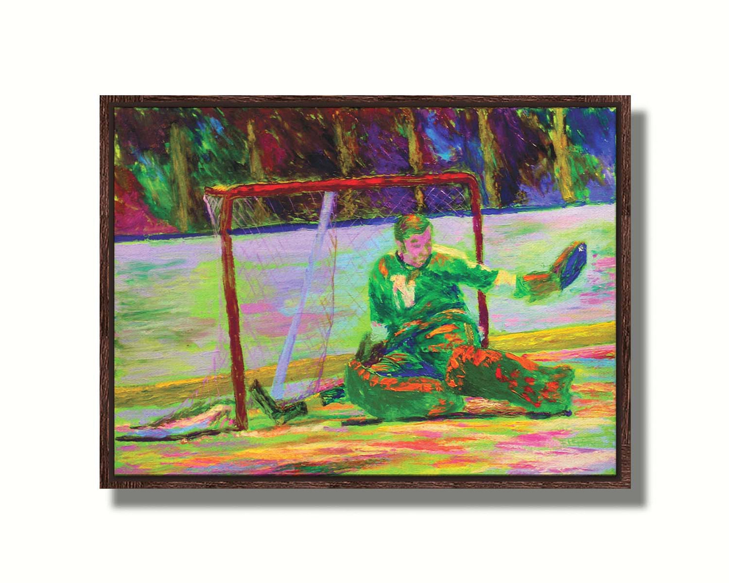 A painting of hockey player Gump Worsley of the Minnesota North Stars, protecting the goal. Printed on canvas in a float frame.