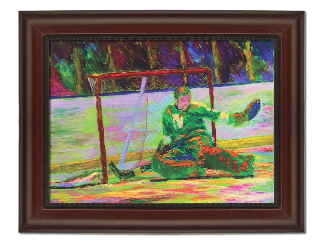 A painting of hockey player Gump Worsley of the Minnesota North Stars, protecting the goal. Printed on canvas and framed.