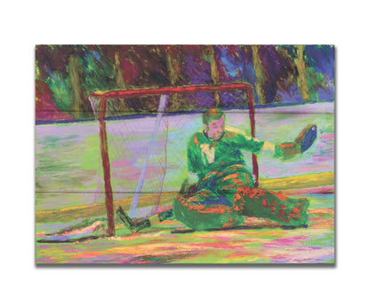 A painting of hockey player Gump Worsley of the Minnesota North Stars, protecting the goal. Printed on a box board.